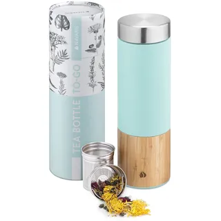 Navaris Teeflasche aus Edelstahl und Bambus - 500 ml Tee Flasche Teekanne To Go mit Sieb - auslaufsichere Trinkflasche Teebecher - Türkis