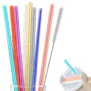 TRKETK 8 Stück Wiederverwendbare Glitzernde Lange Strohhalme 30 cm - Dicke Kunststoff, Bunte Transparente Mit Reinigungsbürste (Mulitifarbig)