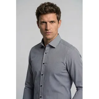 Langarmhemd OLYMP "Level Five 24/Seven", Herren, Gr. 42, N-Gr, marine, Jersey, Obermaterial: 86% Polyamid, 14% Elasthan, gestreift, körpernah normal, 2-Knopf-Manschette, Hemden Langarmhemd, Businesshemd, body fit, Modern Kentkragen, bügelleicht