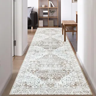 Famibay Teppich Läufer 80X300 rutschfest Küchenteppich Waschbar Beige Braun Teppichläufer Flur Vintage Flurteppich Läufer Lang für Flur Küche Schlafzimmer Wohnzimmer