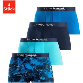 Boxer BRUNO BANANI "Boxershorts für Herren", Herren, Gr. M (5), 4 Stk., blau (blau bedruckt, türkis, navy, blau), Jersey, Obermaterial: 92% Baumwolle, 8% Elasthan, bedruckt, unifarben, körpernah, Unterhosen Boxer, mit Palmendruck und unifarben aus Baumwollmischung, Topseller