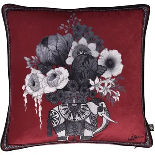 Laurence Llewelyn-Bowen Samtkissen, gefüllt, indischer Elefantendruck, 43 x 43 cm, rotes Samt-Sofakissen, Schwarz und Rot
