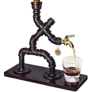 BIUMEICVIS Whiskyspender Braun mit rotbraunem Holzsockel – Vintage Getränkespender im Steampunk-Stil mit Silikonschlauch – Geschenk für Männer & Hausbar Deko