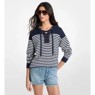 Michael Kors für Damen. MS661G2KWR Gestreiftes Wollsweatshirt mit Kapuze und blauen Kordelzügen (M), Lässig, Wolle