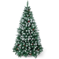 Sunjas Weihnachtsbaum künstlich, 120/150/180/210 cm Tannenbaum mit Schnee-Effekt, mit Tannenzapfen und rote Beere Deko, beschneiten Spitzen und Kunsttanne, inkl. Metallständer (150cm)