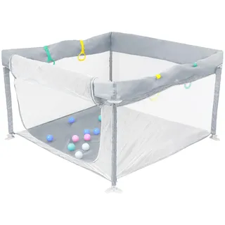 HOMGEN Laufstall Baby 120x120cm Laufgitter Faltbar Klappbares Spielgitter Tragbar Playpen Kinderlaufstall mit Abnehmbarem & Waschbarem Stoff Tasche & Spielzeug 10 Bälle 4 Griffe Für Innen/Außen