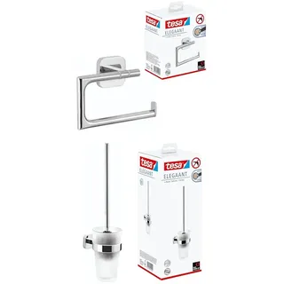 tesa® ELEGAANT Toilettenpapierhalter ohne Deckel + tesa® ELEGAANT Toilettengarnitur-Set, edles Design, Metall, verchromt, inkl. Klebelösung