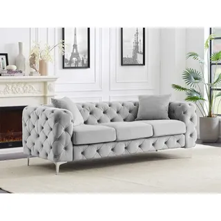 Chesterfield-Sofa 3-Sitzer - Hellgrau - Samt - EDWINA