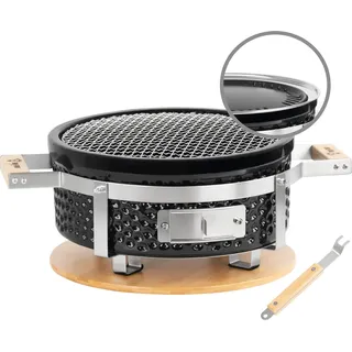 BBQ-Toro Keramik Tischgrill Rund, Ø 29,5 cm, Japanischer Grill mit Holzunterlage, Hibachi Grill - Schwarz