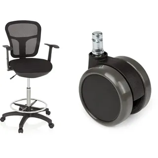 hjh OFFICE 760008 Arbeitsstuhl TOP Work 108 Netzstoff Schwarz & 619010 5X Hartbodenrollen für Bürostuhl ROLO Stift 11 mm/Rolle 65 mm Drehstuhl Rollen für Hartböden mit leichtgängiger Lauffläche