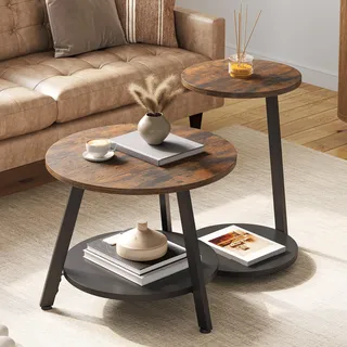 YITAHOME Beistelltisch Rund Rustikales Braun Eiche 2er Set