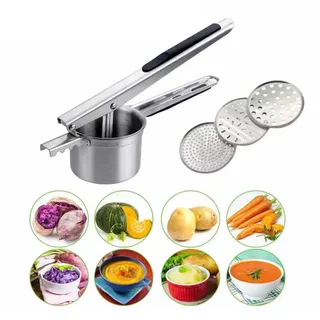 gezahnt Kartoffelpresse aus Edelstahl, Griff mit rutschfestem Silikon Kartoffelstampfer mit 3 Lochscheiben, Erdäpfelpresse für Kartoffelpüree, Obstsäfte, Gemüsebrei(Gezahnte Kartoffelpresse)