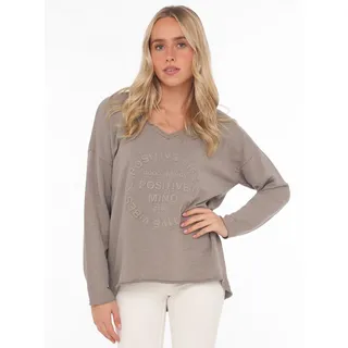 Zwillingsherz "Positive Mind", ausgefranster V-Ausschnitt, Used Look, Langarm, Schriftzug