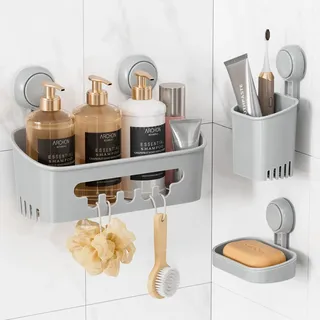 LEVERLOC Duschablage Saugnapf & Seifenschale & Zahnbürstenhalter 3er-Pack Duschregal ohne Bohren Abnehmbarer Badezimmer Organizer-Set Duschkorb Saugnapf für Bad Küche, Grau