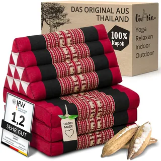 livasia Thaikissen mit 3 Auflagen - 175x50x8cm - Dreieckskissen mit Klappmatratze, Keilkissen Kapok, Rückenkissen faltbar, Thaimatte zum Klappen, handgefertigt, Meditationskissen (Rot/Elefanten)