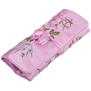KYEYGWO Stickerei Reise Schmuckrolle mit Blumen und Vogel Stickerei, Chinesischer Schmuck Organizer Tragbare Rollenbeutel Schmucktasche für Halsketten Ring Armband Aufbewahrung, Rosa