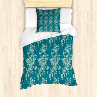 ABAKUHAUS Blatt Mantele, Rosen auf Blühende Zweige, Milbensicher Allergiker geeignet mit Kissenbezügen, 135 cm x 200 cm - 80 x 80 cm, Teal Beige - Beige