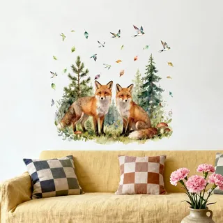 ANATTASOUL Fuchs und Wald Wandtattoo für Küche | (2pcx60x38cm) Wandaufkleber Selbstklebend Kitchen Wand Sticker für Wohnzimmer, Schlafzimmer, Flur, Badezimmer
