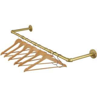 Kleiderstange Wandmontage 100cm, Indusrielle Rohre Metall Garderobenstange Wand für Kleiderbügel, Abnehmbar Kleidergestell Garderobe Stange Gold für Flur, 25cm Abständer, 30kg Belastbar