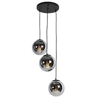QAZQA - Art Deco Art-Deco-Pendelleuchte I Pendellampe I Hängelampe I Pendellampe I Pendelleuchte I Lampe I Leuchte schwarz mit Rauchglas 3-flammig - Pallon I Wohnzimmer I Schlafzimmer - Kugel I Kugelf
