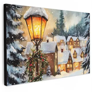 MuchoWow Leinwandbild Weihnachtsdorf - Häuser - Schnee - Weihnachten Wanddeko 90x60 cm , Sandfarben , Textil , Kiefer , Rechteckig , 90x60 cm , FSC 100% , gerahmt , Bilder & Rahmen, Bilder, Leinwandbilder