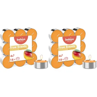 Bolsius True Scents – 18 Teelichter – Mango – Brenndauer: 4 Stunden – Innendekoration – natürliche Extrakte – mit natürlichem veganem Wachs (Packung mit 2)