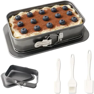 BTIUGYI Backform Rechteckig, Springform Eckig Set Antihaft Kuchenform, Kleine Backformen mit Servierboden & 3 Silikon Teigschaber, für Käsekuchen, Tiramisu und Heimbacken