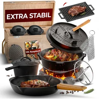 Gusseisen Set 10-teilig in Holzbox mit Dutch Oven Grillplatte Grillzubehör 4,5l