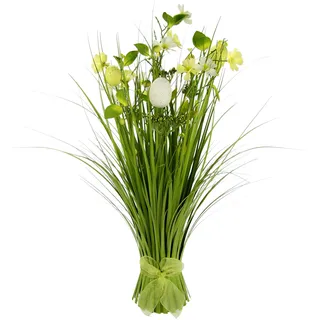 Grasbusch mit Blumen, Blüten, Eier und Schleife, Künstlicher Gras Bund stehend, Grasbündel, Dekogras, Kunstgras, Ziergras, Grasbüschel, Grasarrangement, Gräser, Schilf, Osterdeko, Frühjahrsdekoration