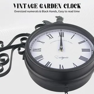 Antike Wanduhr - Bahnhofsuhr - doppelseitige Metallkonstruktion - Vintage Stil - 30 x 37 cm - schwarz - Schwarz