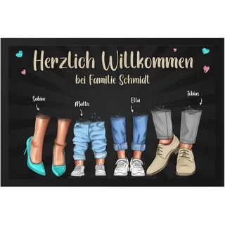 Kiddle-Design Fußmatte Personalisiert Familie, Willkommen bei mit 1-2 Kindern und Wunschname Geschenk Einzug Richtfest Einweihung Fußabtreter flach & dünn 60x40cm 2 Kinder