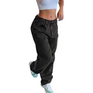 Baggy Jeans Damen Mode Hose Mom Outfit Mädchen Sommerjeans Lockere Weites Bein Schlaghosen Jeanshosen Hellblaue Flared Hüftjeans Hosen Cargohose Jeanshose mit Löchern Low Waist Schwarz, A XS,S,M,L,XL