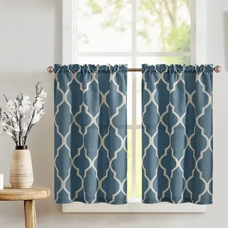 TOPICK Bistrogardine 2er Set Scheibengardinen modern Wohnzimmer Küchengardinen kurz Scheibengardinen mit Raute Küche Leinenoptik H115xB65 cm, Gardinen Vorhänge Muster Landhausstil Weiß auf Blau