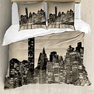 ABAKUHAUS New York Bettbezug, Manhattan City Night, Milbensicher Allergiker geeignet mit Kissenbezügen, 200 cm x 200 cm - 80 x 80 cm, Sepia Schwarz