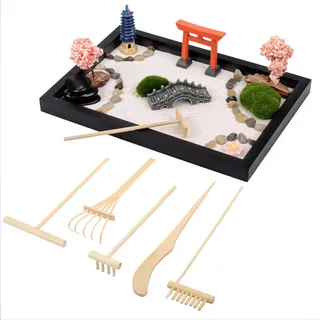 Belle Vous Japanische Deko Mini Zen Garten Set - 20 x 28 cm - Miniatur mit Zen-Sand, 6 Werkzeugen & 11 Funktionen - Heim-, Büro- & Schreibtischdekoration - Meditation Zubehör