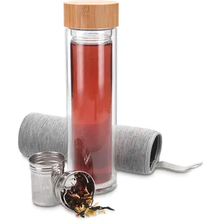 Navaris Teeflasche aus Glas mit Edelstahl Sieb - 500ml Tee Flasche Teekanne to go - Trinkflasche doppelwandig aus Borosilikatglas mit Hülle in Grau