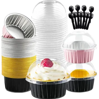Jogoico Mini Kuchenform mit Deckel Löffel 60 Stk. Mini Kastenform Kuchen Aluminiumfolie Muffinförmchen 150ml Runde Backformen Aluminium Cupcake Formen für Brot Kuchen Käsekuchen Dessert 2 Farbe