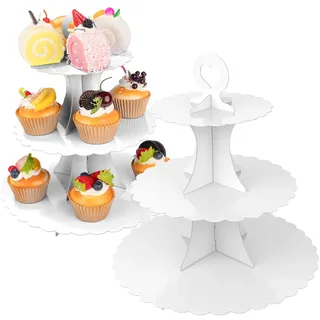 Leismy 3-stöckiger Cupcake-Ständer, 2er-Pack, Dessert-Cupcake-Ständer, Turm, runde Tortenpräsentationsplatte aus Papier, Servierplatte für Jubiläum, Taufe, Einweg-Gebäckhalter für Geburtstag (Weiß)
