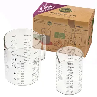 TreeBox Messbecher glas - 1l & 500ml - 2er Set - Robuste und hitzebeständige Messbecher Set aus Borosilikatglas - Mikrowellengeeignet - Perfekt zum Backen, Kochen und Mischen, Transparent