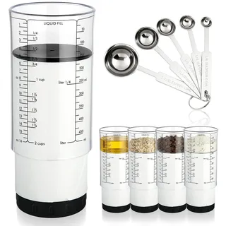Bafutayawa Adjustable Measuring Cup, Messbecher Set Mit 2 Messbechern und 5 Löffeln, Für Flüssige, Trockene und Halbfeste Zutaten, Kompakt und Platzsparend