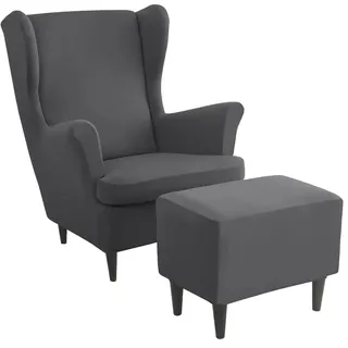 Generisch Ohrensessel überzug mit Hocker Bezug- 2 Teilig Sessel-Überwürfe+1 Teilig Ottomane Schonbezug, Beige/Grün/Rosa/Blau Schonbezüge Sesselhusse Stretch Stuhlbezug mit Armlehne,J