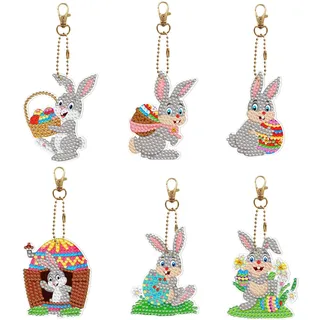 MWOOT 6 Stück 5D Diamond Art Painting Anhänger Set Ostern Kinder Mädchen Hase Ostereier DIY Keychains Doppelseitig Schlüsselanhänger für Handtasche Dekoration