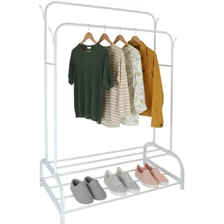 Relaxdays Kleiderständer, HxBxT: 155 x 110 x 55 cm, weiß | 2 Ablagen & 2 Kleiderstangen, 4 Haken, Doppelgarderobe
