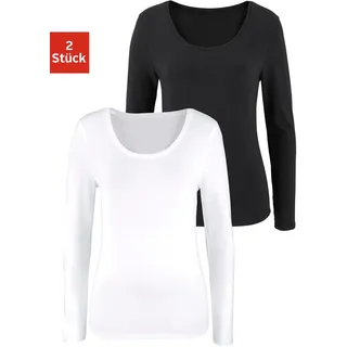 Langarmshirt VIVANCE "aus elastischer Baumwoll-Qualität", Damen, Gr. 36/38, schwarz-weiß (schwarz, weiß), Single Jersey, Obermaterial: 95% Baumwolle, 5% Elasthan, unifarben, Basic, bequem normal, tiefer Rundhals, Shirts Langarmshirt, sommerliches Langarmshirt, Topseller