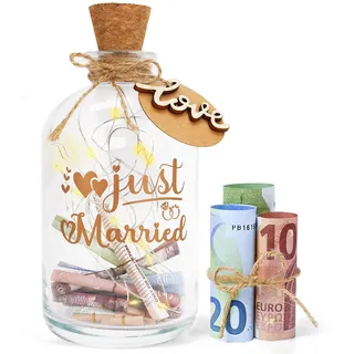 Hochzeitsgeschenke Geld Leuchtflasche für Brautpaar und Frisch Verliebte, LED Flaschenlicht Hochzeit Just Married Personalisiert Geldgeschenke Hochzeit Hochzeitskasse Spardose