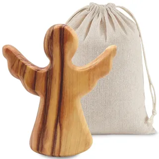 GWAWG Schutzengel Holz Handgefertigte Engel Figur aus Olivenholz mit Stoffbeutel, Schutzengel Glücksbringer Geschenk zur Taufe Kommunion Geburt, Engel Holzfigur für Mädchen Jungen