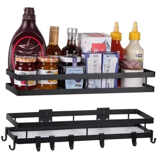 YunNasi Gewürzregal Ohne Bohren Küchenregal Schwarz Metall 2 Etagen mit 8 Abnehmbaren Haken Wandregal Regal zum Kleben Morden Design für Küche Badezimmer Balkon (Schwarz, 40cm)
