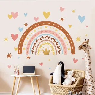 decalmile Wandtattoo Boho Regenbogen mit Herzchen Wandaufkleber Regenbogen Mädchen Wandsticker Schlafzimmer Babyzimmer Kinderzimmer Wanddeko