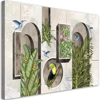 Feeby Wandbild formen in der wand mit pflanzen und vögeln toucan koliber , Beige , Textil , Baum/Pflanze/Natur , Rechteckig , 60x40 cm , Bilder & Rahmen, Bilder, Leinwandbilder