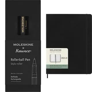 Moleskine x Kaweco Tintenroller, Farbe Schwarz + Wochenplaner 2023-2024,18-Monate-Kalender, Akademischer Terminkalender, Softcover-Wochenplaner, XL-Format 19 x 25 cm, Farbe: Schwarz